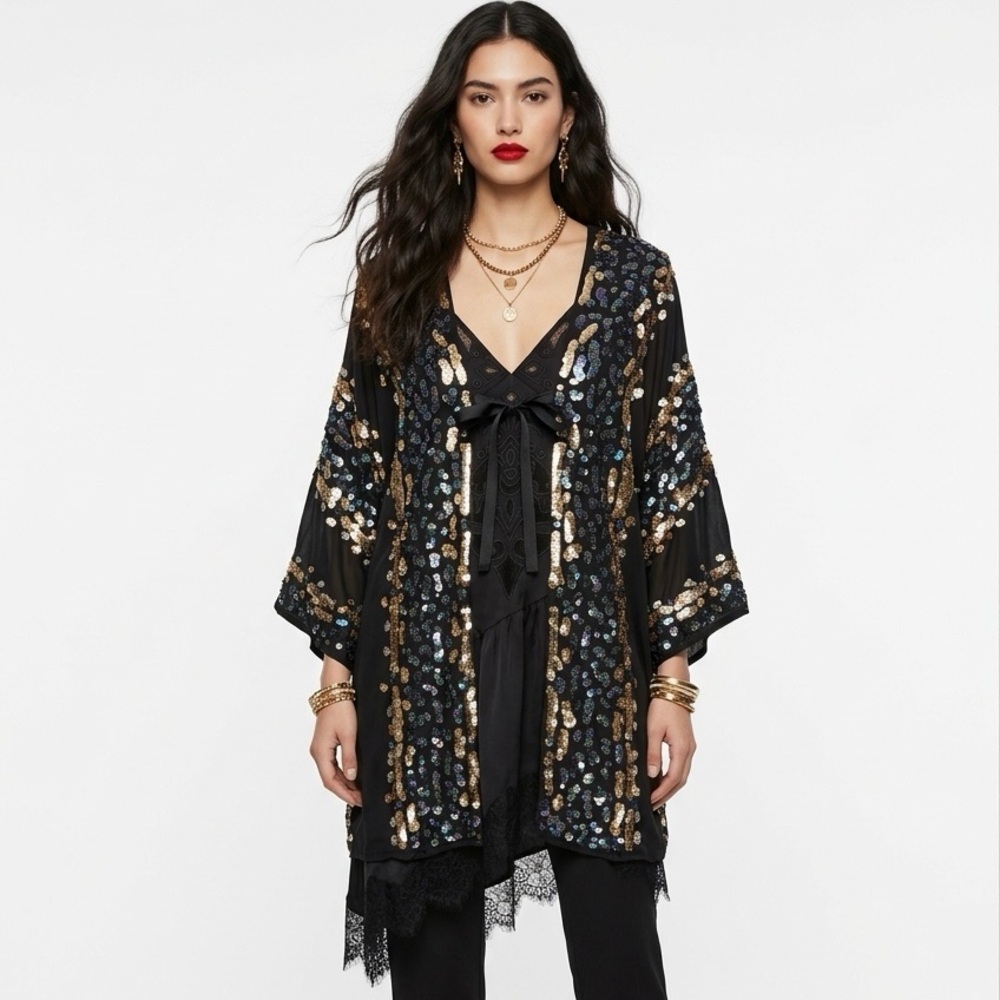 Vintage 80s Argenti Silk Sequin Kimono Top M Black Open Whimsigoth Fairycore